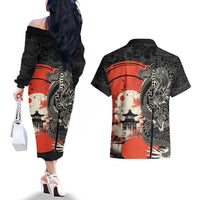 Japanese Dragon Katana Enso Couples Matching Off The Shoulder Long Sleeve Dress and Hawaiian Shirt Japan Pagoda Seamless Cloud LT14 - Polynesian Pride