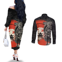 Japanese Dragon Katana Enso Couples Matching Off The Shoulder Long Sleeve Dress and Long Sleeve Button Shirt Japan Pagoda Seamless Cloud LT14 - Polynesian Pride