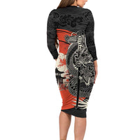 Japanese Dragon Katana Enso Long Sleeve Bodycon Dress Japan Pagoda Seamless Cloud - Polynesian Pride
