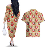 Japanese Daruma Doll Couples Matching Off The Shoulder Long Sleeve Dress and Hawaiian Shirt Palaka With Seamless Bamboo Pattern LT14 - Polynesian Pride