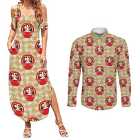 Japanese Daruma Doll Couples Matching Summer Maxi Dress and Long Sleeve Button Shirt Palaka With Seamless Bamboo Pattern - Polynesian Pride