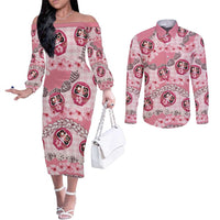 Japanese Daruma Doll Palaka Couples Matching Off The Shoulder Long Sleeve Dress and Long Sleeve Button Shirt Cherry Blossoms With Shell Lei LT14 Pink - Polynesian Pride