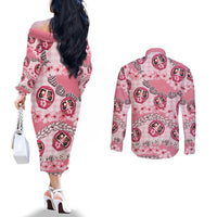 Japanese Daruma Doll Palaka Couples Matching Off The Shoulder Long Sleeve Dress and Long Sleeve Button Shirt Cherry Blossoms With Shell Lei LT14 - Polynesian Pride