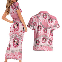Japanese Daruma Doll Palaka Couples Matching Short Sleeve Bodycon Dress and Hawaiian Shirt Cherry Blossoms With Shell Lei LT14 - Polynesian Pride