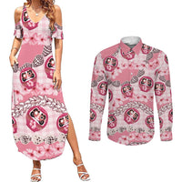 Japanese Daruma Doll Palaka Couples Matching Summer Maxi Dress and Long Sleeve Button Shirt Cherry Blossoms With Shell Lei - Polynesian Pride