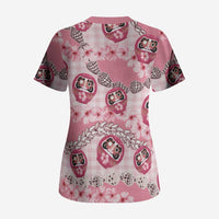 Japanese Daruma Doll Palaka Scrub Top Cherry Blossoms With Shell Lei - Polynesian Pride