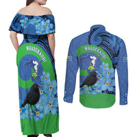 New Zealand Chatham Islands Couples Matching Off Shoulder Maxi Dress and Long Sleeve Button Shirt Wharekauri Forget Me Not With Black Robin LT14 - Polynesian Pride