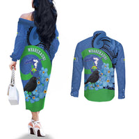 New Zealand Chatham Islands Couples Matching Off The Shoulder Long Sleeve Dress and Long Sleeve Button Shirt Wharekauri Forget Me Not With Black Robin LT14 - Polynesian Pride