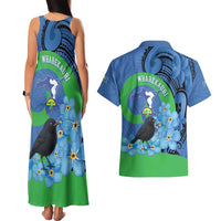 New Zealand Chatham Islands Couples Matching Tank Maxi Dress and Hawaiian Shirt Wharekauri Forget Me Not With Black Robin LT14 - Polynesian Pride