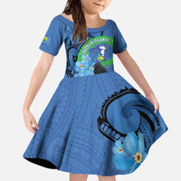New Zealand Chatham Islands Family Matching Off The Shoulder Long Sleeve Dress and Hawaiian Shirt Wharekauri Forget Me Not With Black Robin LT14 Daughter's Dress Blue - Polynesian Pride