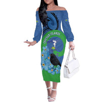New Zealand Chatham Islands Family Matching Off The Shoulder Long Sleeve Dress and Hawaiian Shirt Wharekauri Forget Me Not With Black Robin LT14 Mom's Dress Blue - Polynesian Pride