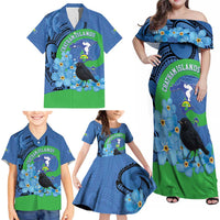 New Zealand Chatham Islands Family Matching Off Shoulder Maxi Dress and Hawaiian Shirt Wharekauri Forget Me Not With Black Robin LT14 - Polynesian Pride