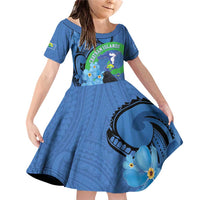 New Zealand Chatham Islands Family Matching Off Shoulder Short Dress and Hawaiian Shirt Wharekauri Forget Me Not With Black Robin LT14 Daughter's Dress Blue - Polynesian Pride