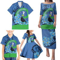 New Zealand Chatham Islands Family Matching Puletasi and Hawaiian Shirt Wharekauri Forget Me Not With Black Robin LT14 - Polynesian Pride