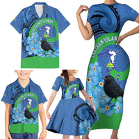New Zealand Chatham Islands Family Matching Short Sleeve Bodycon Dress and Hawaiian Shirt Wharekauri Forget Me Not With Black Robin LT14 - Polynesian Pride