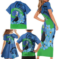 New Zealand Chatham Islands Family Matching Short Sleeve Bodycon Dress and Hawaiian Shirt Wharekauri Forget Me Not With Black Robin LT14 - Polynesian Pride