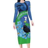 New Zealand Chatham Islands Long Sleeve Bodycon Dress Wharekauri Forget Me Not With Black Robin LT14 Long Dress Blue - Polynesian Pride