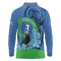 New Zealand Chatham Islands Long Sleeve Polo Shirt Wharekauri Forget Me Not With Black Robin LT14 - Polynesian Pride