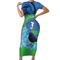 New Zealand Chatham Islands Short Sleeve Bodycon Dress Wharekauri Forget Me Not With Black Robin LT14 Long Dress Blue - Polynesian Pride