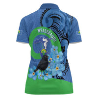 New Zealand Chatham Islands Women Polo Shirt Wharekauri Forget Me Not With Black Robin LT14 - Polynesian Pride