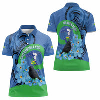 New Zealand Chatham Islands Women Polo Shirt Wharekauri Forget Me Not With Black Robin LT14 - Polynesian Pride