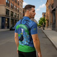 New Zealand Chatham Islands Zipper Polo Shirt Wharekauri Forget Me Not With Black Robin LT14 - Polynesian Pride