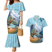 New Zealand South Island Couples Matching Mermaid Dress and Hawaiian Shirt Te Waipounamu Aoraki Kea Bird LT14 Blue - Polynesian Pride