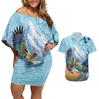 New Zealand South Island Couples Matching Off Shoulder Short Dress and Hawaiian Shirt Te Waipounamu Aoraki Kea Bird LT14 Blue - Polynesian Pride