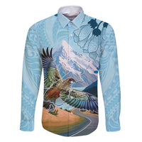 New Zealand South Island Family Matching Off Shoulder Short Dress and Hawaiian Shirt Te Waipounamu Aoraki Kea Bird LT14 Dad's Shirt - Long Sleeve Blue - Polynesian Pride