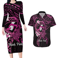 Polynesia Breast Cancer Awareness Couples Matching Long Sleeve Bodycon Dress and Hawaiian Shirt Pink Ribbon No One Fights Alone - Black LT14 Black - Polynesian Pride
