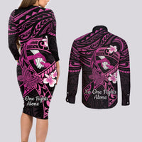 Polynesia Breast Cancer Awareness Couples Matching Long Sleeve Bodycon Dress and Long Sleeve Button Shirt Pink Ribbon No One Fights Alone - Black LT14 - Polynesian Pride