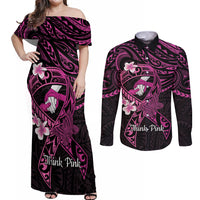 Polynesia Breast Cancer Awareness Couples Matching Off Shoulder Maxi Dress and Long Sleeve Button Shirt Pink Ribbon No One Fights Alone - Black LT14 Black - Polynesian Pride