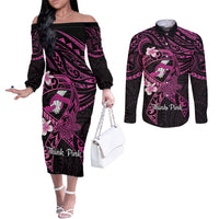 Polynesia Breast Cancer Awareness Couples Matching Off The Shoulder Long Sleeve Dress and Long Sleeve Button Shirt Pink Ribbon No One Fights Alone - Black LT14 Black - Polynesian Pride