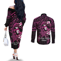 Polynesia Breast Cancer Awareness Couples Matching Off The Shoulder Long Sleeve Dress and Long Sleeve Button Shirt Pink Ribbon No One Fights Alone - Black LT14 - Polynesian Pride