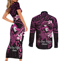 Polynesia Breast Cancer Awareness Couples Matching Short Sleeve Bodycon Dress and Long Sleeve Button Shirt Pink Ribbon No One Fights Alone - Black LT14 - Polynesian Pride