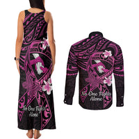 Polynesia Breast Cancer Awareness Couples Matching Tank Maxi Dress and Long Sleeve Button Shirt Pink Ribbon No One Fights Alone - Black LT14 - Polynesian Pride