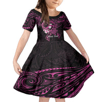 Polynesia Breast Cancer Awareness Family Matching Short Sleeve Bodycon Dress and Hawaiian Shirt Pink Ribbon No One Fights Alone - Black LT14 Daughter's Dress Black - Polynesian Pride