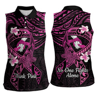 Polynesia Breast Cancer Awareness Women Sleeveless Polo Shirt Pink Ribbon No One Fights Alone - Black LT14 - Polynesian Pride
