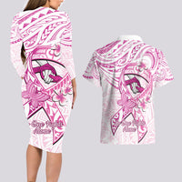Polynesia Breast Cancer Awareness Couples Matching Long Sleeve Bodycon Dress and Hawaiian Shirt Pink Ribbon No One Fights Alone - White LT14 - Polynesian Pride