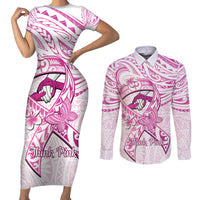 Polynesia Breast Cancer Awareness Couples Matching Short Sleeve Bodycon Dress and Long Sleeve Button Shirt Pink Ribbon No One Fights Alone - White LT14 White - Polynesian Pride