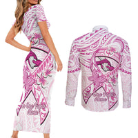 Polynesia Breast Cancer Awareness Couples Matching Short Sleeve Bodycon Dress and Long Sleeve Button Shirt Pink Ribbon No One Fights Alone - White LT14 - Polynesian Pride