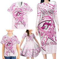 Polynesia Breast Cancer Awareness Family Matching Long Sleeve Bodycon Dress and Hawaiian Shirt Pink Ribbon No One Fights Alone - White LT14 - Polynesian Pride