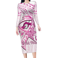 Polynesia Breast Cancer Awareness Family Matching Long Sleeve Bodycon Dress and Hawaiian Shirt Pink Ribbon No One Fights Alone - White LT14 Mom's Dress White - Polynesian Pride
