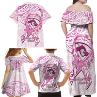 Polynesia Breast Cancer Awareness Family Matching Off Shoulder Maxi Dress and Hawaiian Shirt Pink Ribbon No One Fights Alone - White LT14 - Polynesian Pride
