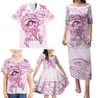 Polynesia Breast Cancer Awareness Family Matching Puletasi and Hawaiian Shirt Pink Ribbon No One Fights Alone - White LT14 - Polynesian Pride