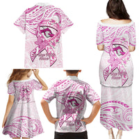 Polynesia Breast Cancer Awareness Family Matching Puletasi and Hawaiian Shirt Pink Ribbon No One Fights Alone - White LT14 - Polynesian Pride