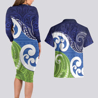 Southland New Zealand Couples Matching Long Sleeve Bodycon Dress and Hawaiian Shirt Maori Koru Flag Color LT14 - Polynesian Pride