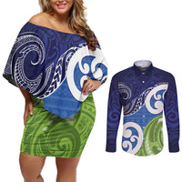 Southland New Zealand Couples Matching Off Shoulder Short Dress and Long Sleeve Button Shirt Maori Koru Flag Color LT14 Blue - Polynesian Pride