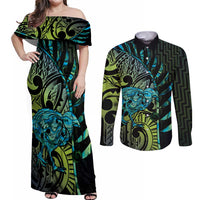 Southland Takehe Pounama Couples Matching Off Shoulder Maxi Dress and Long Sleeve Button Shirt Aotearoa Poutama Paua Shell Fern LT14 Black - Polynesian Pride
