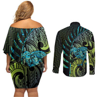 Southland Takehe Pounama Couples Matching Off Shoulder Short Dress and Long Sleeve Button Shirt Aotearoa Poutama Paua Shell Fern LT14 - Polynesian Pride